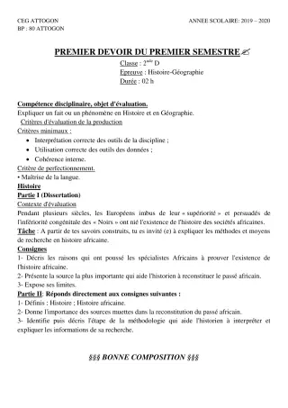 Première page de Histoire-Géographie 2nde D — Composition, 1er semestre (2019-2020) · CEG Attogon