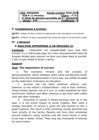 Première page de Anglais Tle D — 2e devoir surveillé, 2e semestre (2018-2019) · CEG OKEDAMA