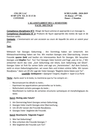 Première page de Devoir surveillé de ALLEMAND — 4e ML — CEG du Lac (2018)