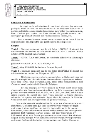 Première page de Français 1ère A1, 1ère A2, 1ère B, 1ère C, 1ère D — 1er devoir surveillé, 1er semestre (2019-2020) · CEG 1 Akpakpa-Centre