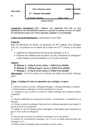 Première page de PCT 5e — 2e devoir surveillé, 1er semestre (2018-2019) · CEG2 ABOMEY - CALAVI (CEG ZOCA)