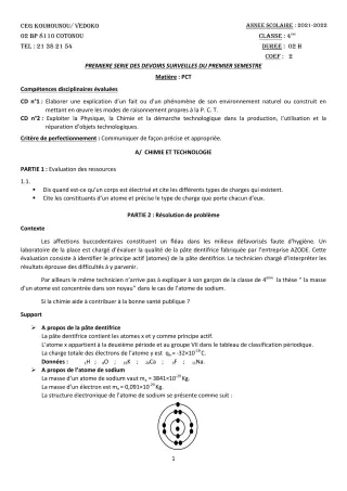 Première page de PCT 4e — 1er devoir surveillé, 1er semestre (2021-2022) · CEG Kouhounou-Vêdoko