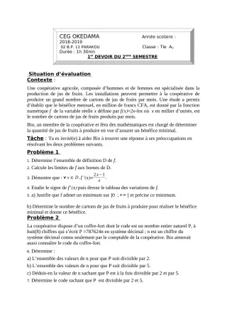 Première page de Mathématiques Tle A2 — 1er devoir surveillé, 2e semestre (2018-2019) · CEG OKEDAMA