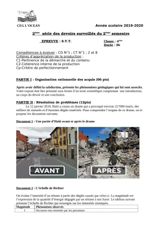 Première page de SVT 4e — 2e devoir surveillé, 2e semestre (2019-2020) · CEG l'Océan