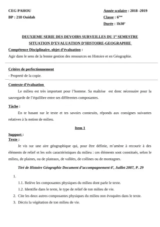 Première page de Histoire-Géographie 6e — 2e devoir surveillé, 1er semestre (2018-2019) · CEG PAHOU