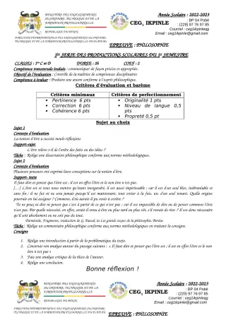 Première page de Philosophie 2nde C, 2nde D, 1ère C, 1ère D, Tle C, Tle D — 1re production scolaire, 1er semestre (2022-2023) · CEG1 Ikpinlè