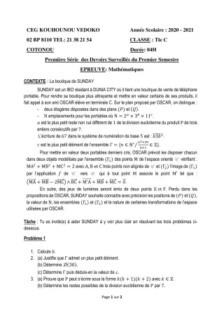 Première page de Mathématiques Tle C — 1er devoir surveillé, 1er semestre (2020-2021) · CEG Kouhounou-Vêdoko
