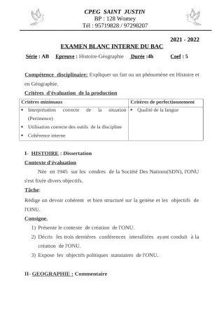 Première page de Histoire-Géographie Tle A2, Tle B — Devoir surveillé (2021-2022) · CPEG SAINT Justin