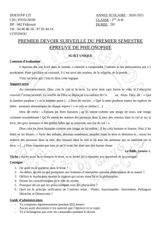 Première page de Philosophie 2nde A2, 2nde B — 1er devoir surveillé, 1er semestre (2020-2021) · CEG FIYEGNON