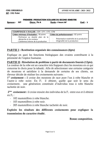 Première page de SVT Tle A2 — 1re production scolaire, 2e semestre (2021-2022) · CEG ONIGBOLO