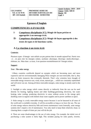 Première page de Anglais 2nde A & B, 2nde C, 2nde D — 1er devoir surveillé, 2e semestre (2018-2019) · CEG PAHOU