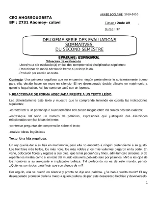 Première page de Espagnol 2nde A & B — 2e évaluation sommative, 2e semestre (2019-2020) · CEG Ahossougbéta