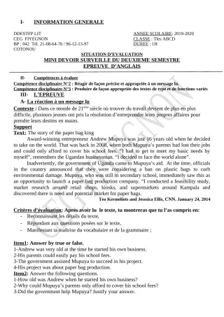 Première page de Anglais Tle A1, Tle A2, Tle B, Tle C, Tle D — 1er devoir surveillé, 2e semestre (2019-2020) · CEG FIYEGNON