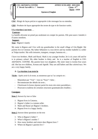 Première page de Anglais 6e — 2e devoir surveillé, 1er semestre (2019-2020) · CEG 1 Akpakpa-Centre