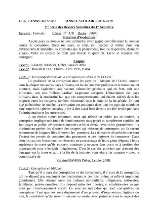 Première page de Français 1ère A — 1er devoir surveillé, 1er semestre (2018-2019) · CEG TANWE-HESSOU