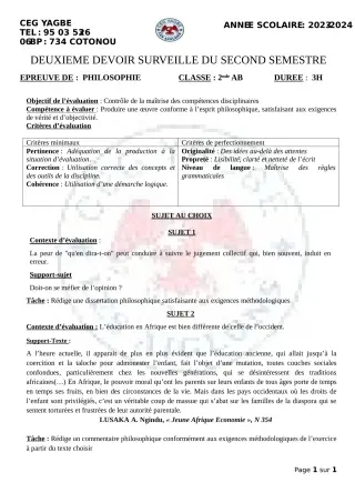 Première page de Philosophie 2nde A1, 2nde A2, 2nde B — 2e devoir surveillé, 2e semestre (2023-2024) · CEG Yagbe