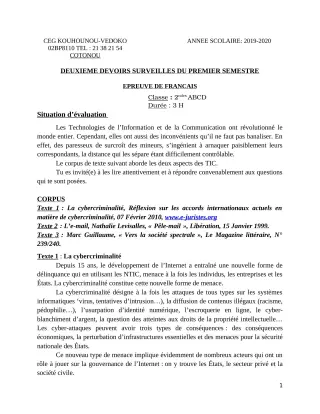 Première page de Français 2nde A1, 2nde A2, 2nde B, 2nde C — 2e devoir surveillé, 1er semestre (2019-2020) · CEG Kouhounou-Vêdoko