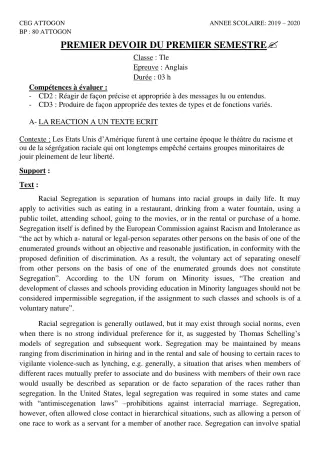 Première page de Anglais Tle A & B, Tle A1, Tle A2, Tle B, Tle D — 1er devoir surveillé, 1er semestre (2019-2020) · CEG Attogon