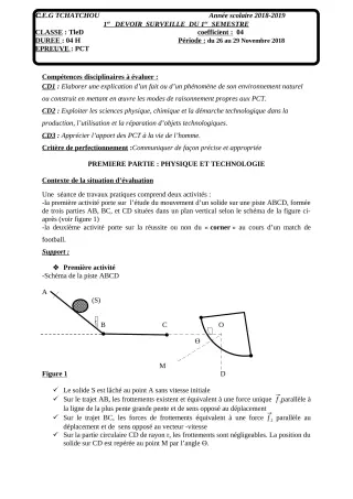 Première page de PCT Tle D — Devoir surveillé, 1er semestre (2018-2019) · CEG Tchatchou