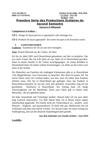 Première page de Allemand 1ère A, 1ère B — 1re production scolaire, 2e semestre (2019-2020) · CEG SEGBEYA