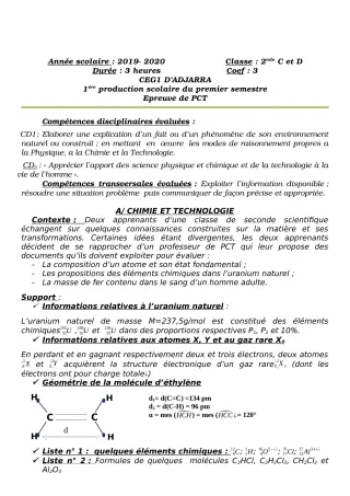 Première page de PCT 2nde C, 2nde D — 1re production scolaire, 1er semestre (2019-2020) · CEG1 Adjarra