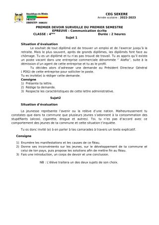 Première page de Français 4e — 1er devoir surveillé, 1er semestre (2022-2023) · CEG SEKERE