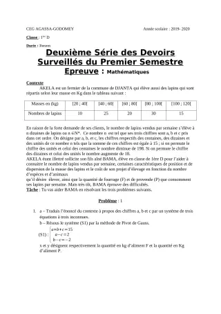 Première page de PCT 1ère D — 2e devoir surveillé, 1er semestre (2019-2020) · CEG Agassa Godomey