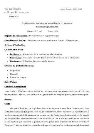 Première page de Philosophie 2nde A1, 2nde A2, 2nde B — 1er devoir surveillé, 1er semestre (2020-2021) · CEG LE NOKOUE