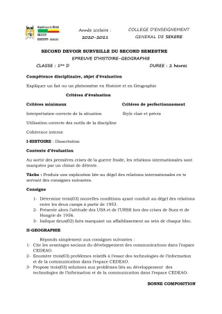 Première page de Histoire-Géographie 1ère D — 2e devoir surveillé, 2e semestre (2020-2021) · CEG SEKERE