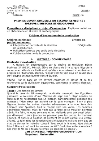Première page de Histoire-Géographie 2nde A, 2nde B — 1er devoir surveillé, 2e semestre (2019-2020) · CEG du Lac