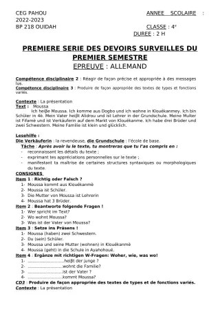 Première page de Allemand 4e — 1er devoir surveillé, 1er semestre (2022-2023) · CEG PAHOU