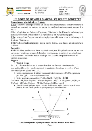 Première page de PCT 5e — 1er devoir surveillé, 2e semestre (2023-2024) · CEG ZA-KPOTA
