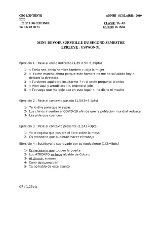 Première page de Espagnol Tle A2, Tle B — 1er devoir surveillé, 2e semestre (2019-2020) · CEG L'Entente