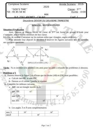 Première page de Mathématiques 5e — 2e devoir surveillé, 2e trimestre (2019-2020) · CPEG GOD'S TIME