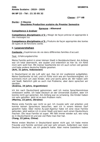 Première page de Allemand 1ère A, 1ère A1, 1ère A2, 1ère B — 2e production scolaire, 1er semestre (2019-2020) · CEG SEGBEYA