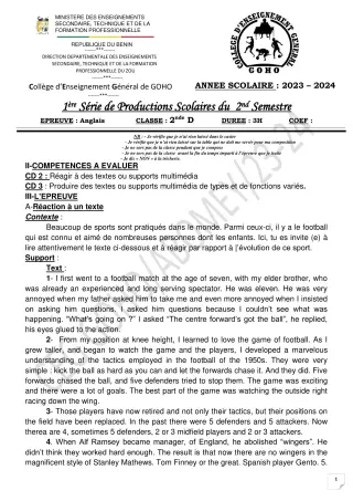 Première page de Anglais 2nde D — 1re production scolaire, 2e semestre (2023-2024) · CEG GOHO