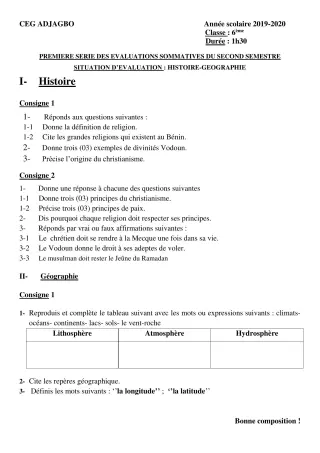 Première page de Histoire-Géographie 6e, 5e, 4e, 4e ML, 3e, 3e ML — 1re évaluation sommative, 2e semestre (2019-2020) · CEG ADJAGBO