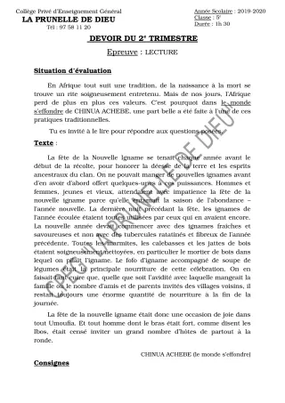 Première page de Français 5e — Devoir surveillé, 2e trimestre (2019-2020) · CEPG La Prunelle de Dieu