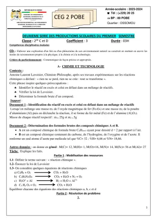 Première page de PCT 2nde C — 2e production scolaire, 1er semestre (2023-2024) · CEG 2 Pobè
