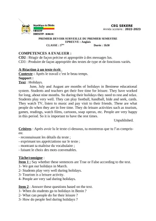 Première page de Anglais 5e — 1er devoir surveillé, 1er semestre (2022-2023) · CEG SEKERE