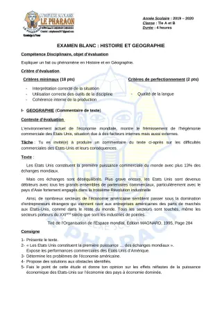 Première page de Examen Blanc de HIST-GEO — Tle A, Tle B — CPEG LE PHARAON (2019)