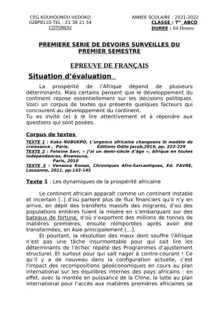 Première page de Français Tle A1, Tle A2, Tle B, Tle C, Tle D — 1er devoir surveillé, 1er semestre (2021-2022) · CEG Kouhounou-Vêdoko