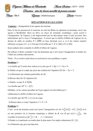 Première page de Mathématiques Tle C — 2e devoir surveillé, 1er semestre (2019-2020) · PMB