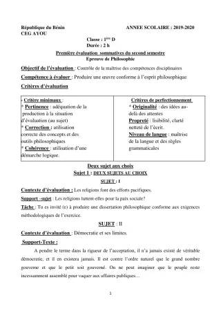 Première page de Philosophie 1ère D — 1re évaluation sommative, 2e semestre (2019-2020) · CEG AYOU