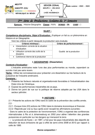 Première page de Histoire-Géographie Tle D — 2e production scolaire, 1er semestre (2023-2024) · CEG GOHO