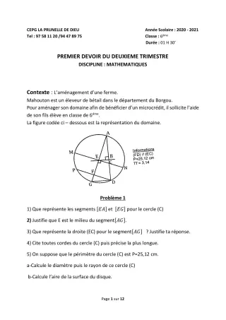 Première page de Mathématiques 6e, 5e, 4e, 3e, 3e ML, 2nde B, 2nde D — 1er devoir surveillé, 2e trimestre (2020-2021) · CEPG La Prunelle de Dieu