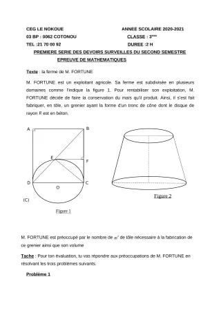 Première page de Mathématiques 3e, 3e ML — 1er devoir surveillé, 2e semestre (2020-2021) · CEG LE NOKOUE