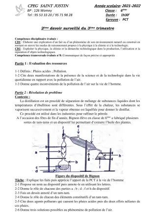 Première page de PCT 6e, 5e — 2e devoir surveillé, 3e trimestre (2021-2022) · CPEG SAINT Justin