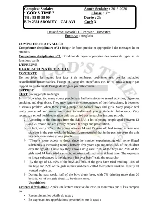 Première page de Anglais 3e — 2e devoir surveillé, 1er trimestre (2019-2020) · CPEG GOD'S TIME