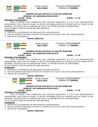 Première page de Français 5e — 1er devoir surveillé, 2e semestre (2023-2024) · CEG SEKERE